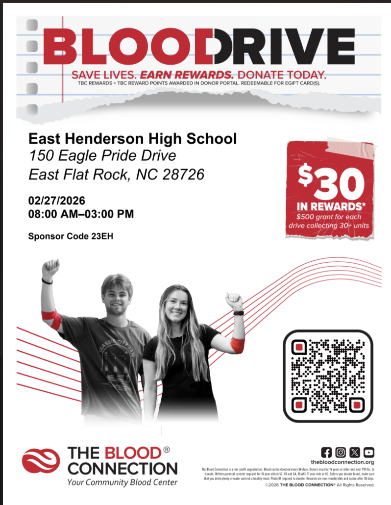Blood Drive flyer (Eng) with QR code and two teens with arms up